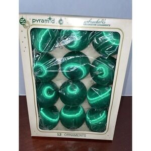 Vtg Pyramid Christmas Ornaments Satin Sheen Green Original Box Set of 12 2.5"